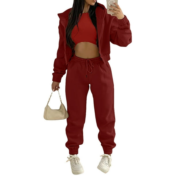 Grianlook Women Tracksuit Sets Solid Color Jogger Set Long Sleeve 3