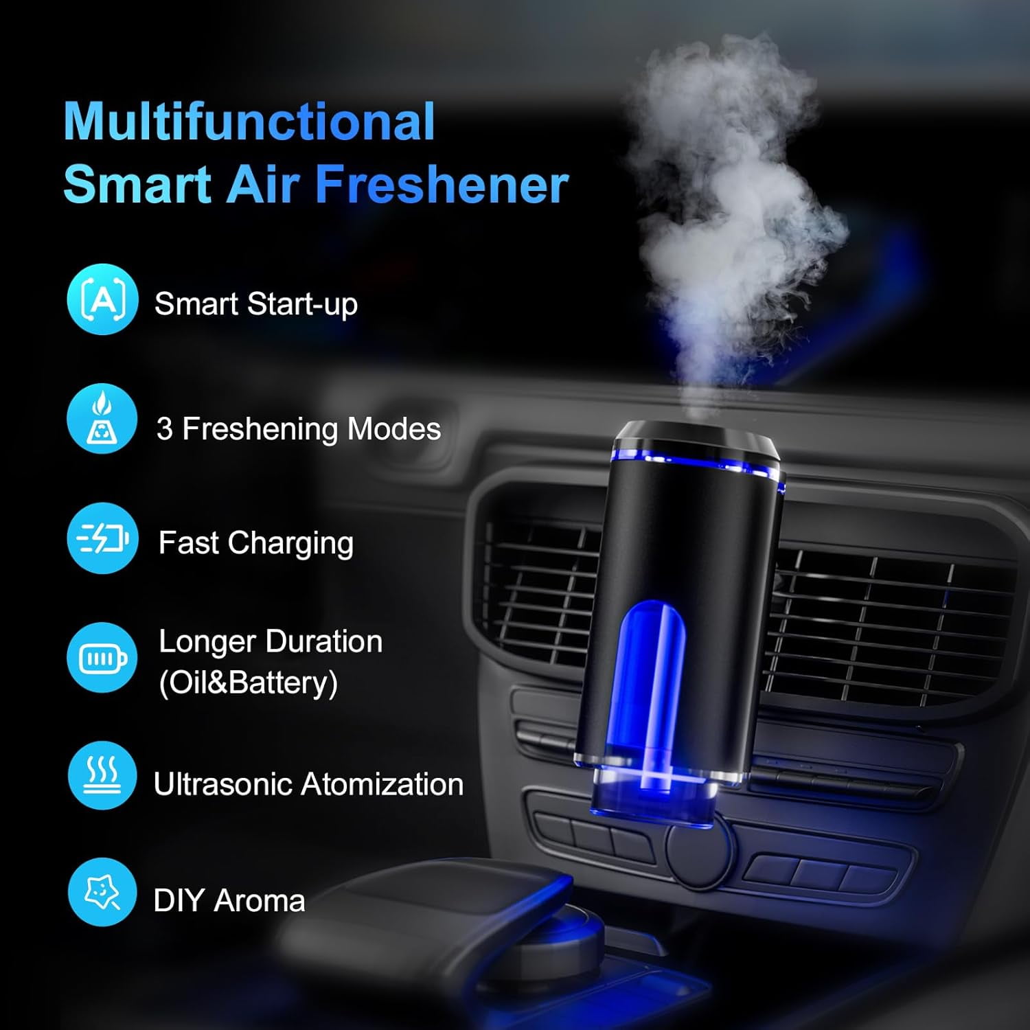 Smart Car Air Freshener with 3 Essential Oils, 2 Modes Adjustable Intelligent Car Aroma,Rechargeable Car Aroma Diffuser,Car Fresheners Long Lasting,DIY Perfume Choose,Smart Auto On/Off (Black)
