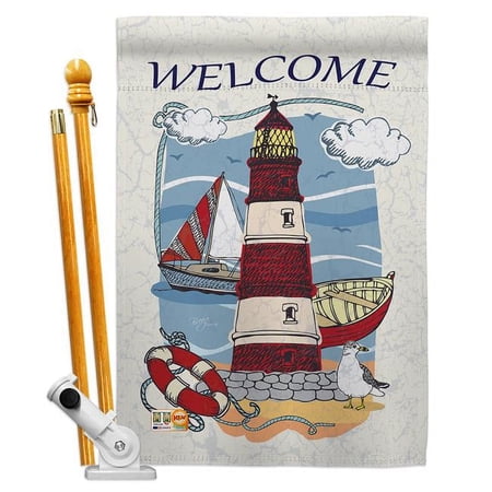 Breeze Decor BD-BN-HS-106063-IP-BO-D-US12-BD 28 x 40 in. Lighthouse Shore Coastal Beach Impressions Decorative Vertical Double Sided House Flag Set & Pole Bracket Hardware