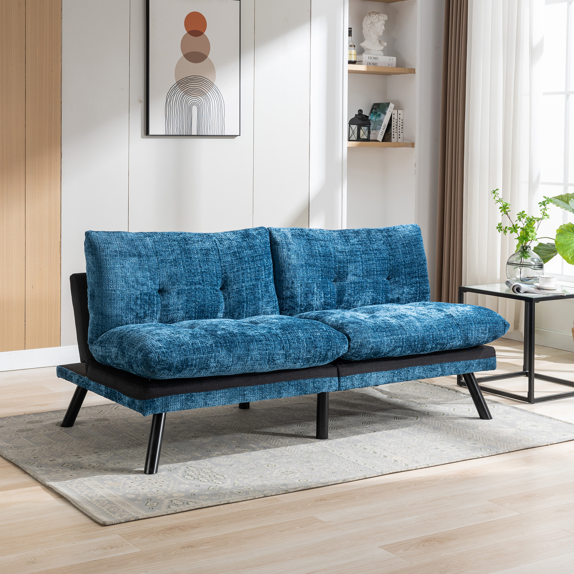 Kadyn Convertible Sofa Bed, Loveseat Futon Bed with Metal Legs, Adjustable Lounge Couch for Compact Living Space Chenille, Blue