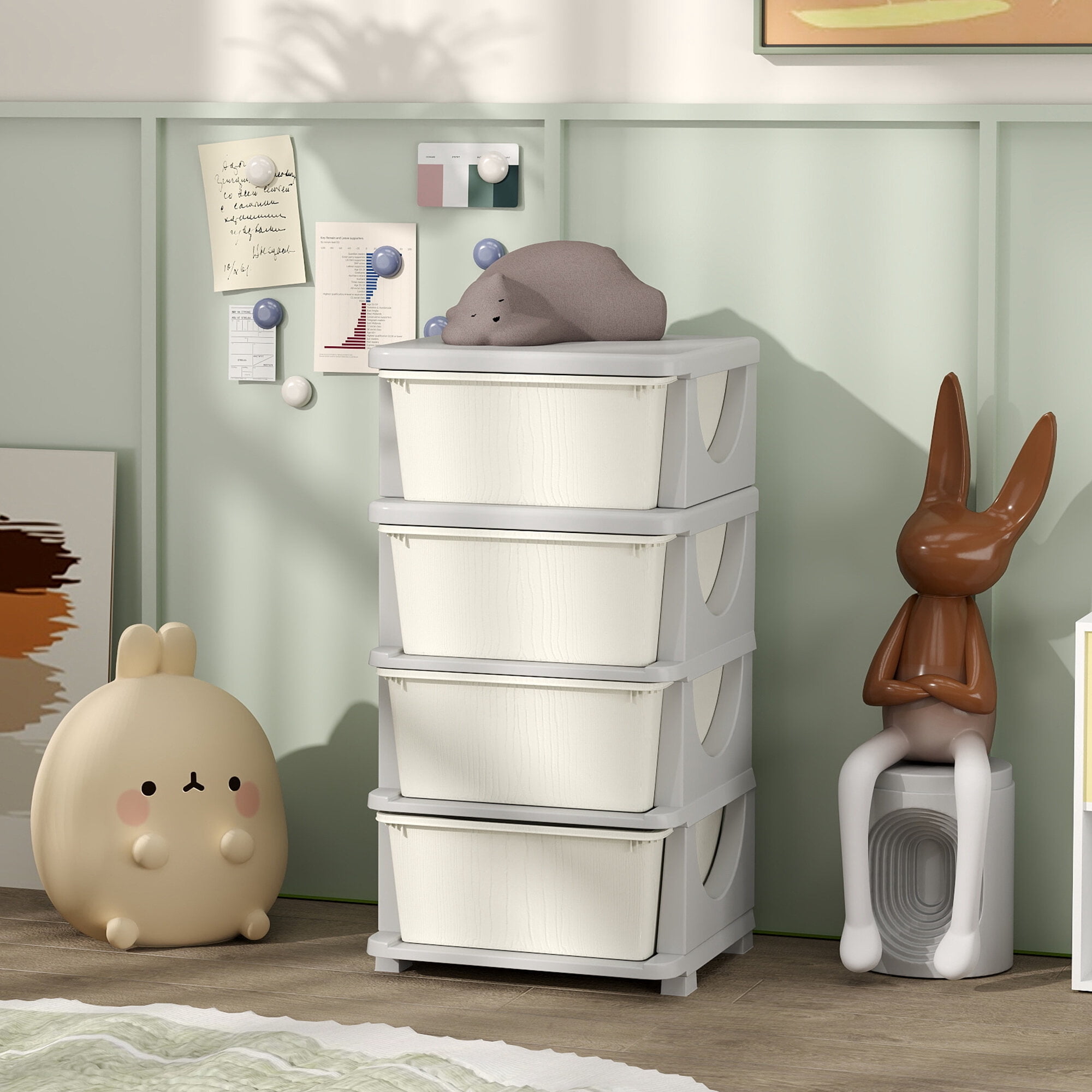 Qaba 4 Tier Kids Storage Unit,4 Drawer Chest Toy Organizer Plastic Bins for Kids Bedroom Nursery Kindergarten Living Room for Boys Girls Toddlers,Cream White,Cream White Plastic Furniture Youth Kids