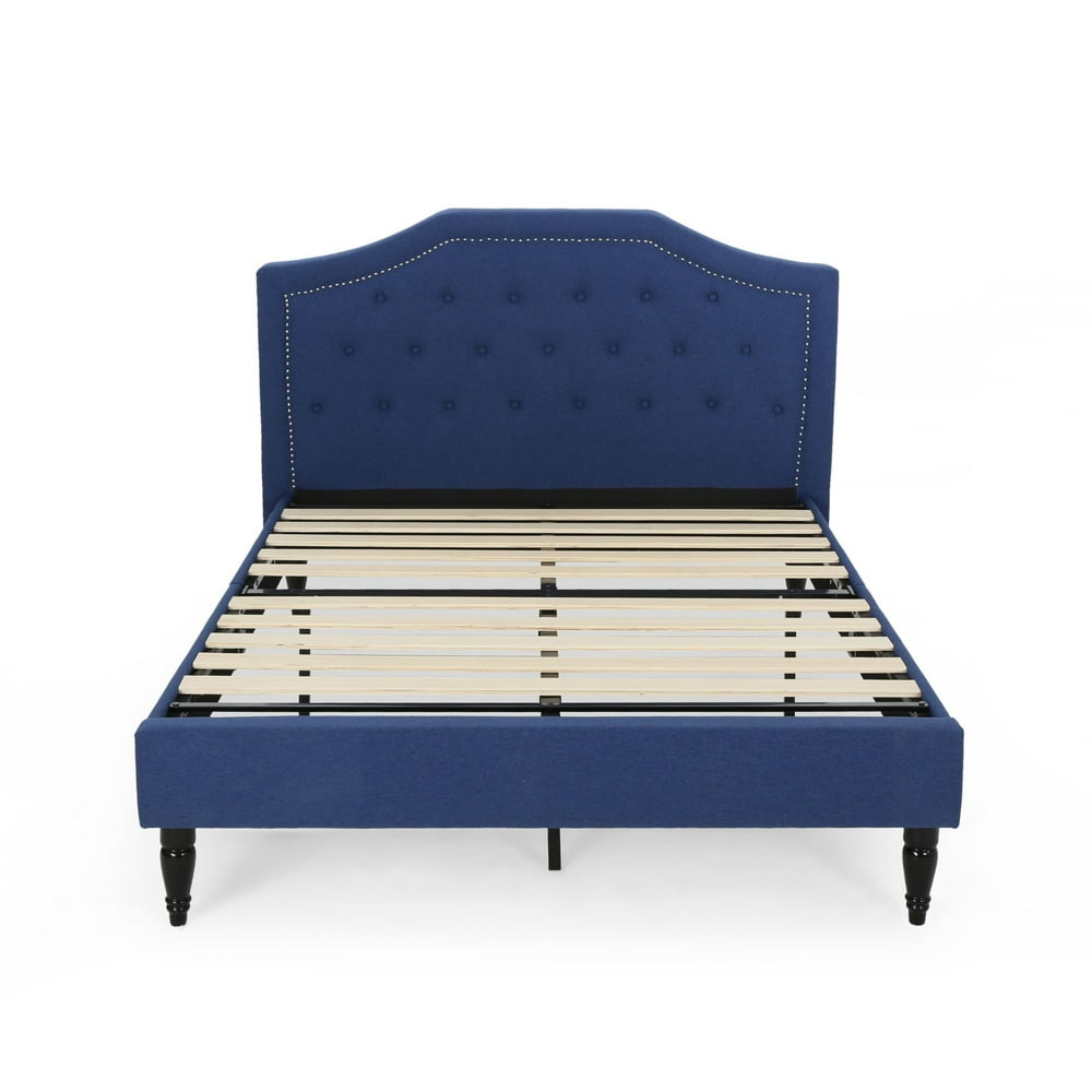 85.5" Navy Blue and Brown Contemporary Upholstered Queen Size Bed Frame