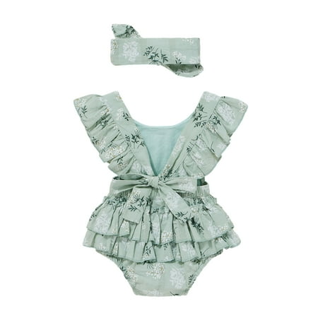 

Lieserram Baby Girls Daisy Playsuits Ruffled Bodysuit+Headband Print Fly Sleeve Romper Floral Jumpsuit Infant Summer Clothes，3 6 12 18 24 Months