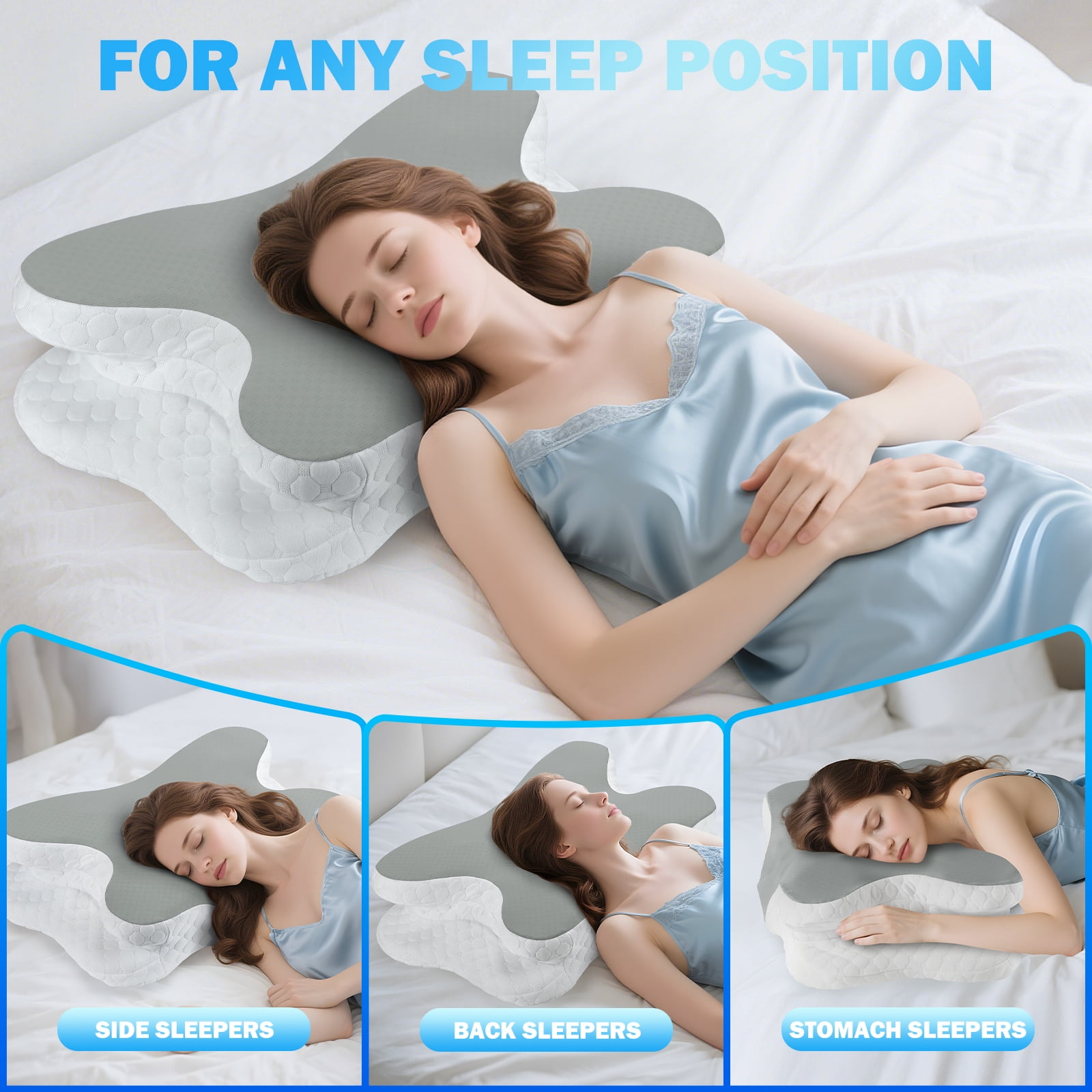 Cervical Memory Foam Pillow for Neck Pain Relief, Ergonomic Orthopedic Cooling Bed Pillow with Breathable Pillowcase, Ideal for Side, Back and Stomach Sleepers, Gray