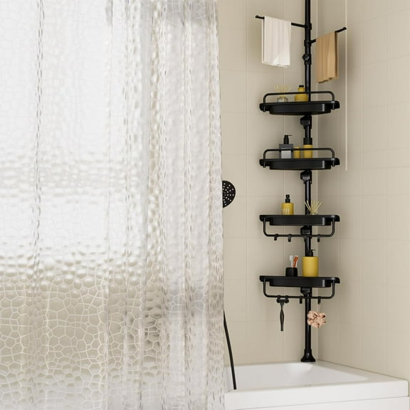 32-122inch Corner Shower Caddy Tension Pole with Shower Curtain, Rustproof Drill-Free Adjustable Shower Shelves for Bathroom Bathtub Washbasin, with 4 Tier Patent Stable Shelves & Towel Bars
