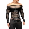 thumbnail image 2 of UQJfacai Mens Mesh Off Shoulder Tops Sheer See Through Long Sleeve Shirts Stretch Muscle Fitted Tee Summer Party Night Clubwear Black XL, 2 of 9