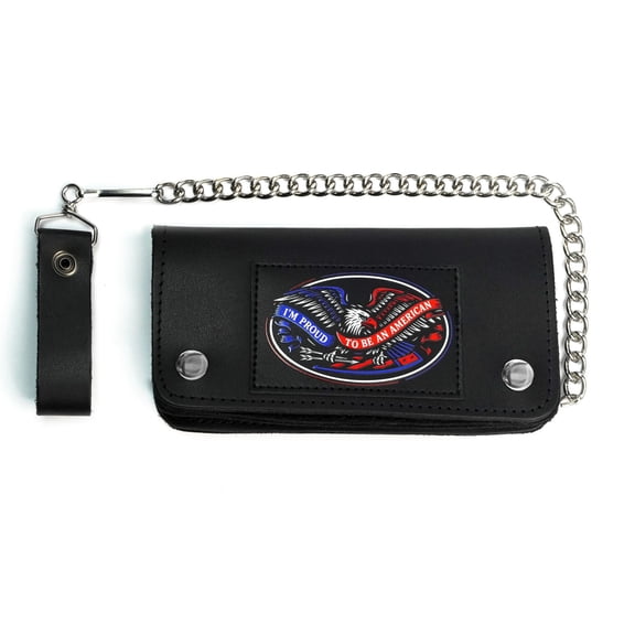 Eagle & American Pride Bifold Chain Wallet for Men and Women, Cowhide Leather Motorcycle Biker Wallet with Anti-Theft Steel Chain, Black & Brown ID Card Holder Trucker Wallet with Snap Closure