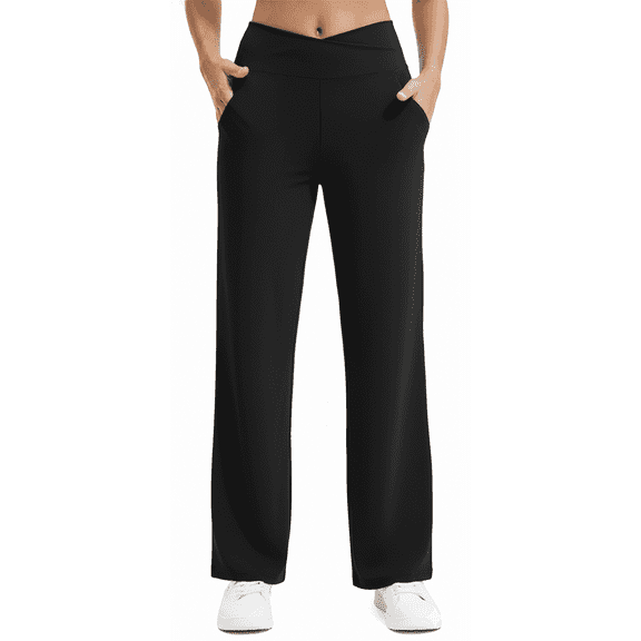 Womens Yoga Pants Wide Leg Pants Work Lounge Pants Crossover High Waisted Loose Casual with Pockets