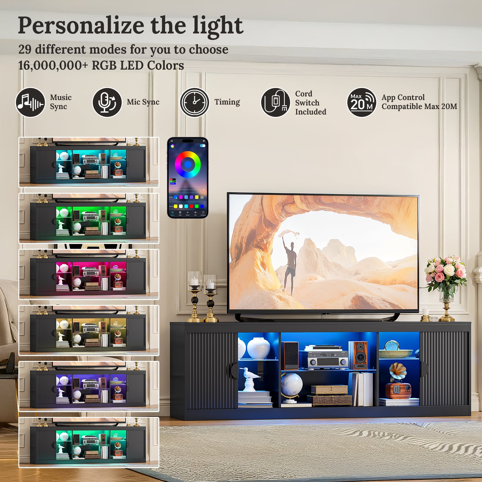 LGHM 70 inch Modern TV Stand for TVs up to 80", Fluted TV Console with LED Lights, Wood Entertainment Center, Black