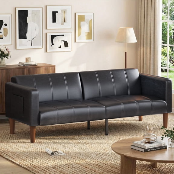 Ataucjin PU Futon Sofa Bed, 75-Inch Modern Faux Leather Convertible Couch, Mid-Century Loveseat for Small Space, Living Room, Bedroom