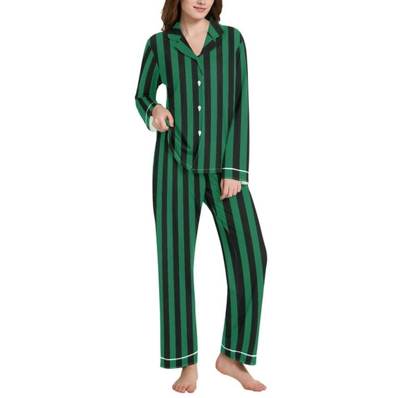 joogoo Pajamas Set for Women Green and Black Stripes Long Sleeve Pjs Loungewear L