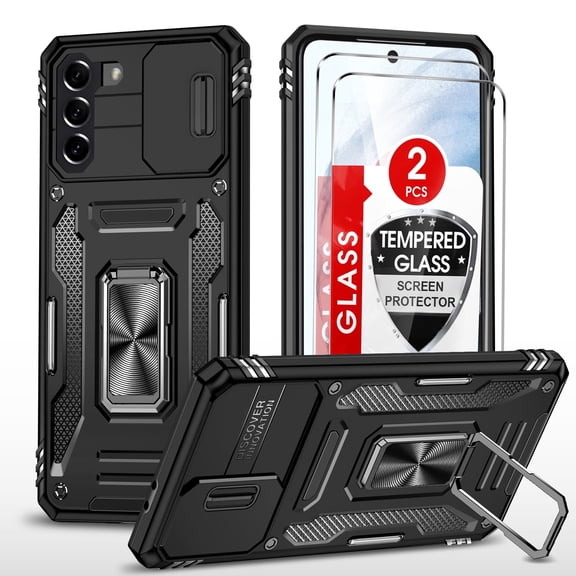 LeYi for Samsung Galaxy S21 FE Case, 2 Pack Screen Protector, Slide Camera Cover Protection, Black