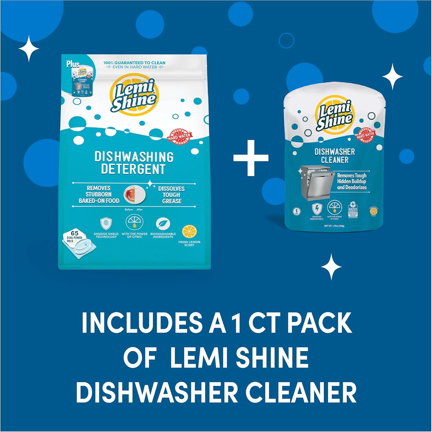 Natural Dishwasher Detergent Pods with Dishwasher Cleaner Pouch - Eco Friendly Cleaning Supplies - 31.8 oz (65 Count)