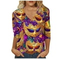 thumbnail image 2 of UPPADA Femmes T-Shirts à Manches 3/4 Mardi Gras Yall T-Shirts à Imprimé Floral Col Rond Blouse à devant Plissé Hauts d'Été Décontractés Chandail à Enfiler Haut Mode Fête Défilé Hauts pour Femmes Hauts à Manches 3/4 Économie, 2 of 5