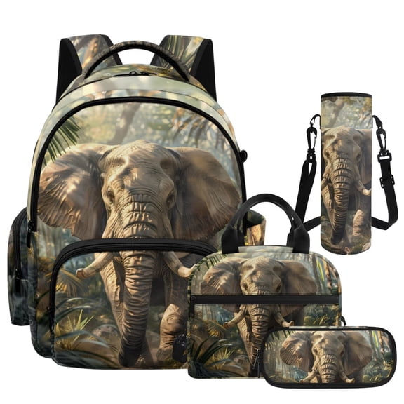Yspwyqan Kids Backpack Set for Boys and Girls, 4-Piece Backpack Set with Lunch Bag Pencil Case Water Bottle Bag, 17 Inch Large Capacity Lightweight Jungle Elephant Back to School Supplies