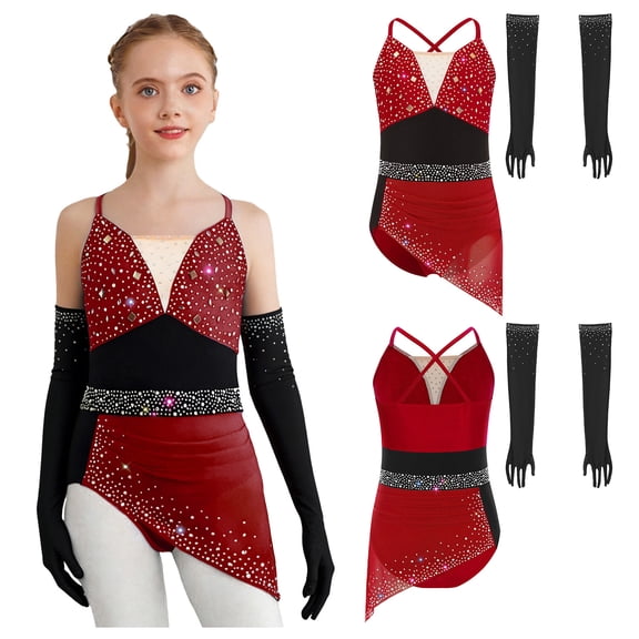Aislor Girls Sparkly Gym Skirt Leotard Jazz Latin Lyrical Ballet Dance Figure Ice Skating Dress with Mesh Gloves Burgundy Black 8