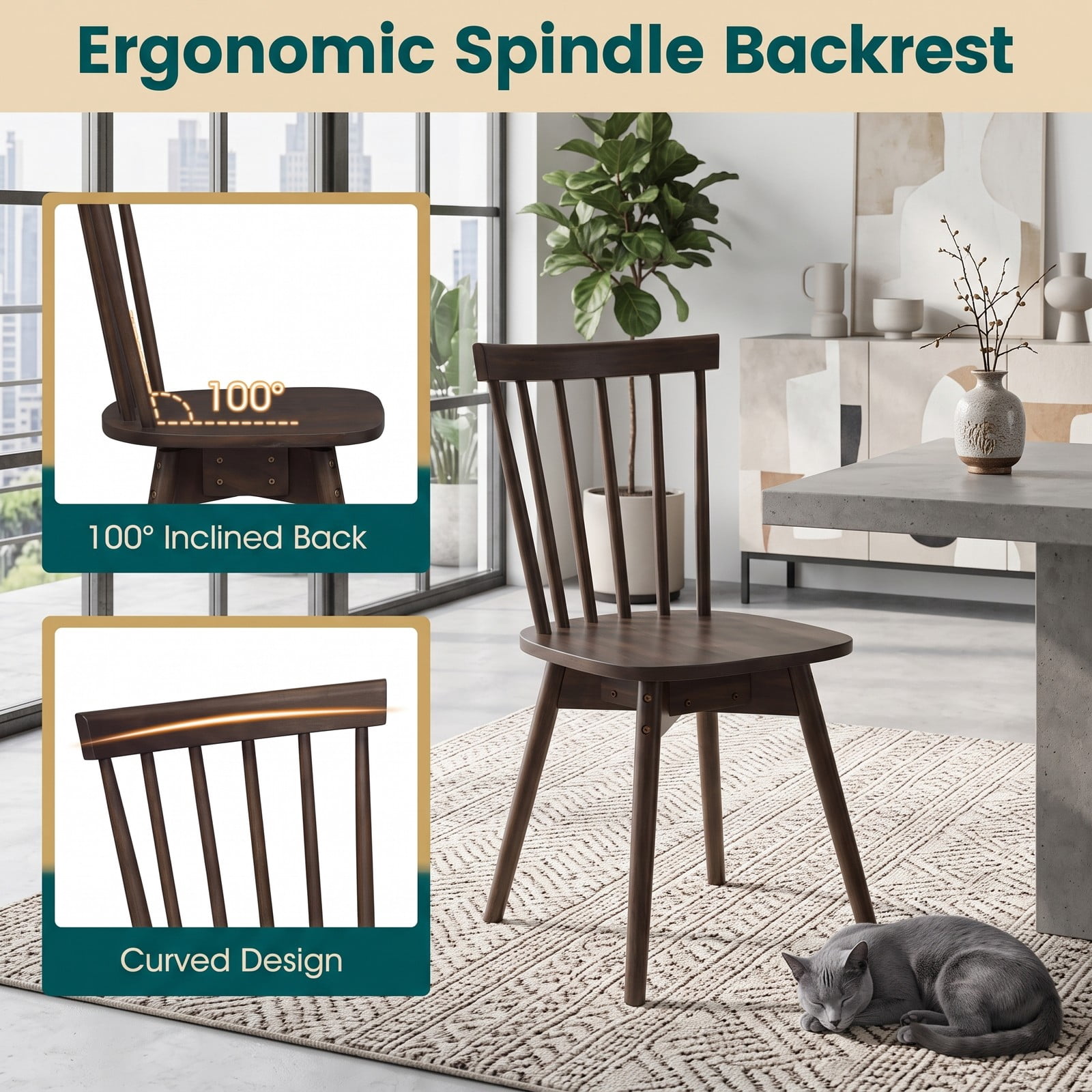 Furnibear Windsor Dining Chairs Set of 2 Mid Century Modern Rubber Wood Kitchen Chairs with 360 Degree Swivel Seat and Spindle Back, Armless Solid Wood Side, Walnut