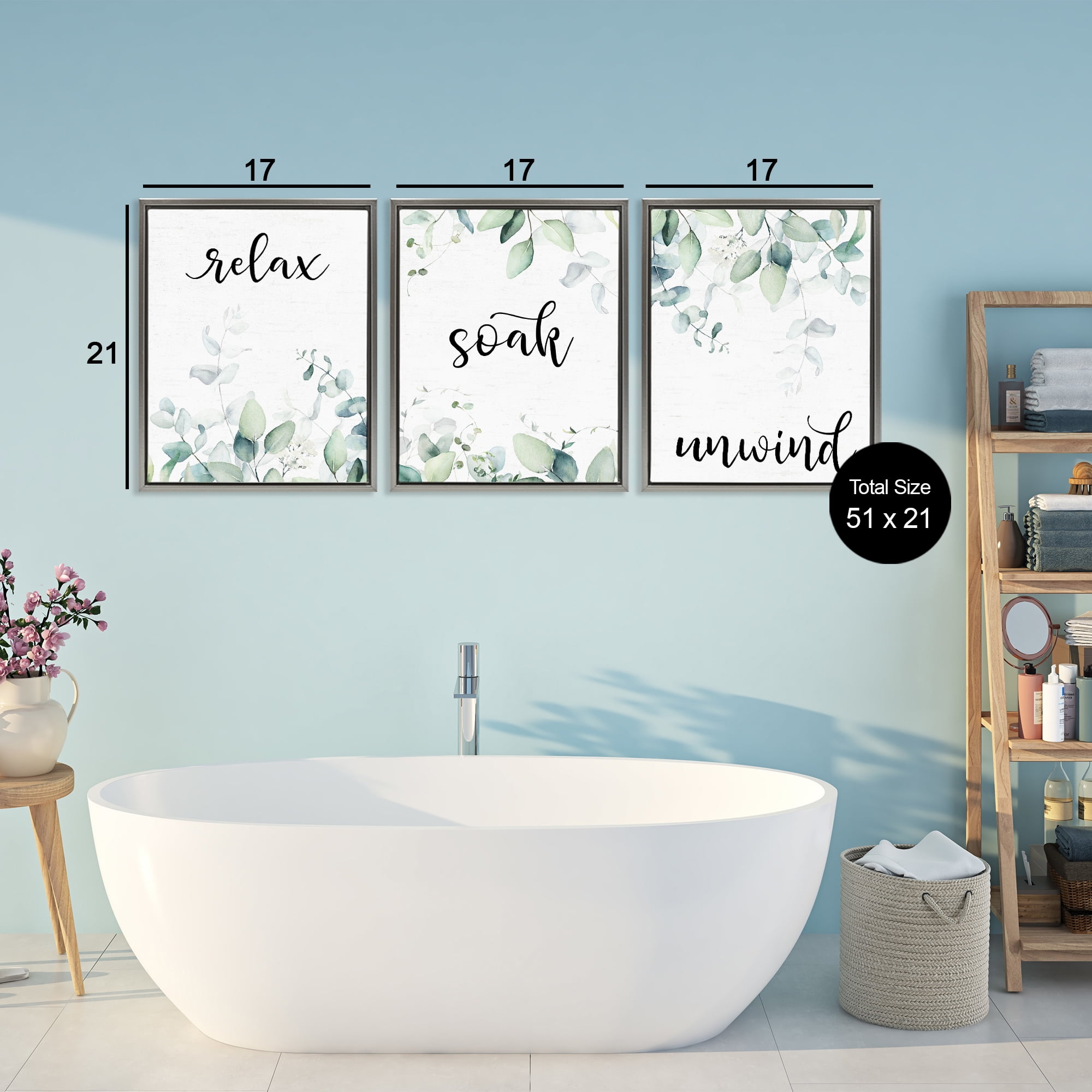 Leafy Bathroom Herbs 3 Piece Gray Framed Floater Canvas Set, design by Lettered and Lined