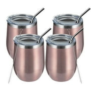 Wine Tumbler, 12oz 4 Pack Insulated Wine Tumbler with Lid and Straw, Double Wall Vacuum Stainless Steel for Cold & Hot Drinks, Rose Gold