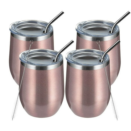 Wine Tumbler, 12oz 4 Pack Insulated Wine Tumbler with Lid and Straw, Double Wall Vacuum Stainless Steel for Cold & Hot Drinks, Rose Gold