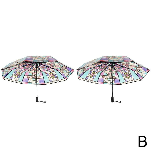 Clear Vintage Parasol Umbrella, Stained Glass Umbrella, Full Automatic Clear Tri-fold Ribs Foldable Umbrella, Totes 8 Umbrel