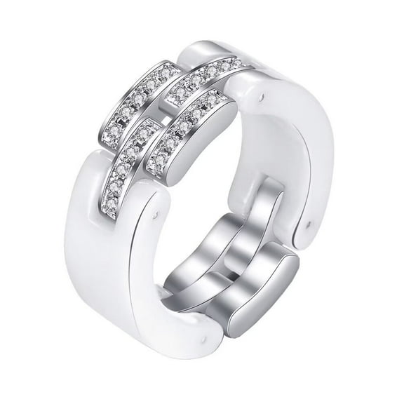 PAMTIER Unisex Ceramic Creative Unique Micro-Inlaid Crystal Zircon Chain Link Splicing Ring Couple Eternity Wedding Band Comfort Fit White Size 6