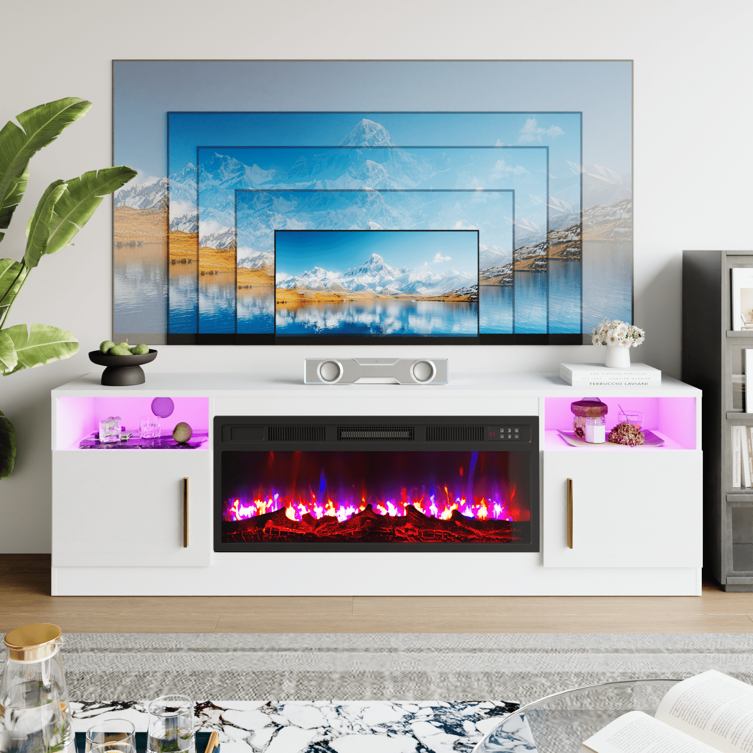BOSSIN Fireplace TV Stand with 36 inch Fireplace Up to 80" TVs,LED Light Entertainment Center with Highlight Storage Cabinet for living room
