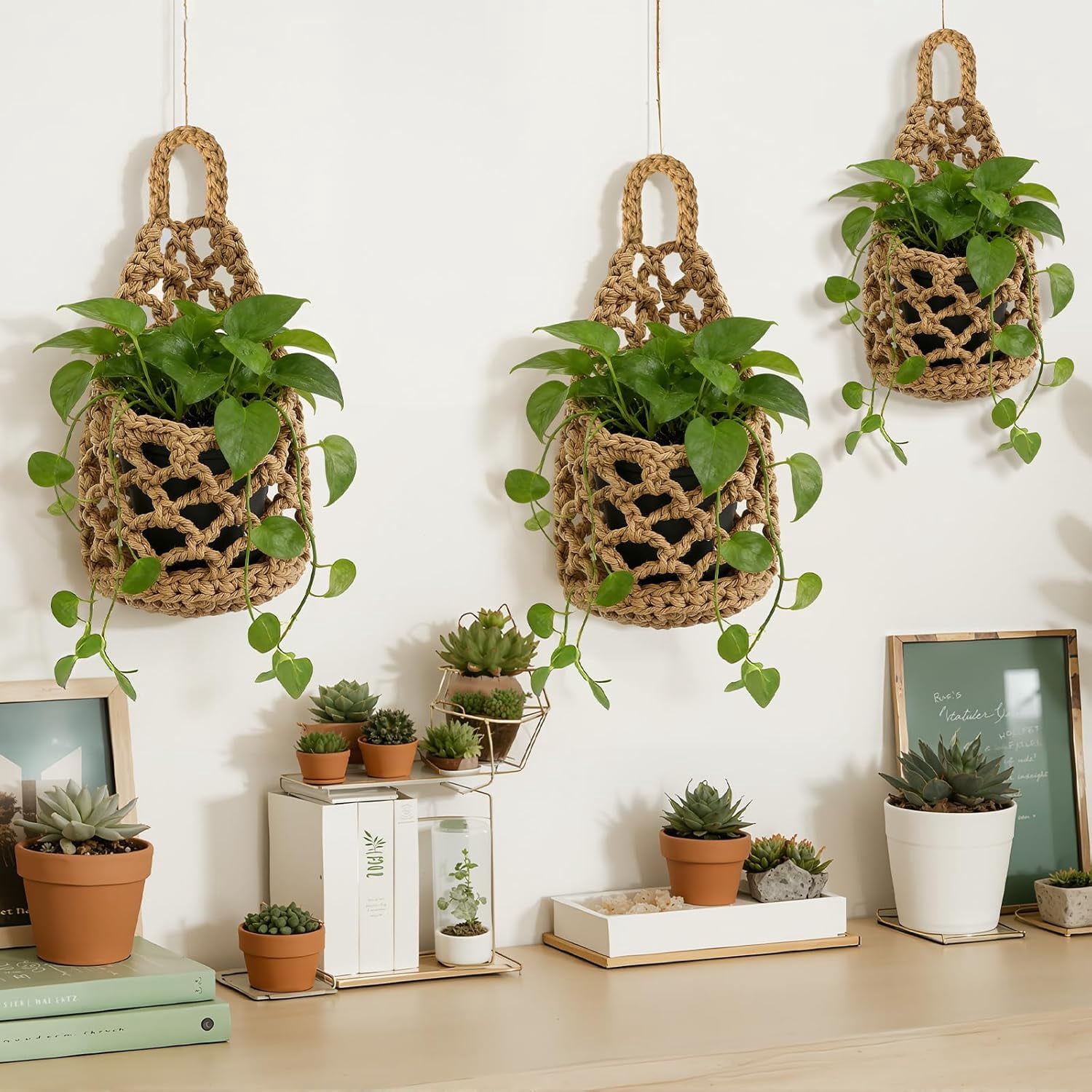 6 Pk Wall Planters for Indoor Macrame Plant Hanger Boho Wall Mounted Flower Baskets Hanging Planter, Plants and Pots are Not Included(Linen Color,4 x 8 Inch)