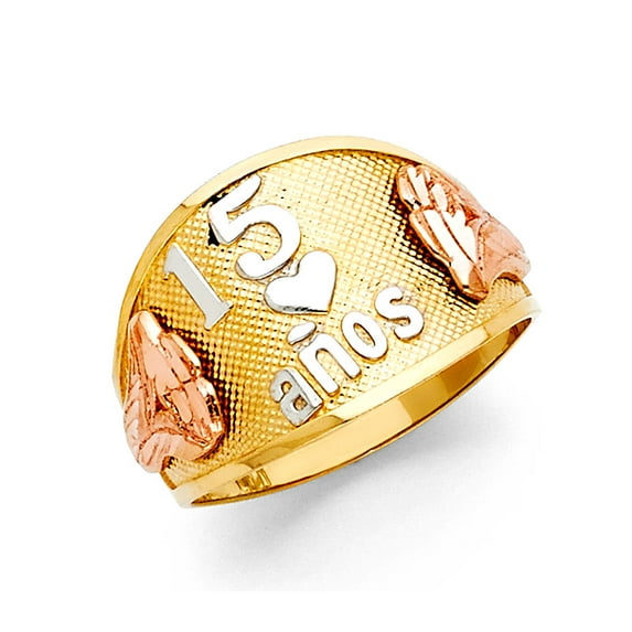 FB Jewels 14K Yellow White and Rose Three Color Gold Fifteen 15 Years Birthday Quincea–era Ring Size 9.5