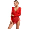 thumbnail image 4 of Yruioon Women Latin Dance Shiny Rhinestones Fringe Leotard Long Sleeve Backless Bodysuit Red M, 4 of 6