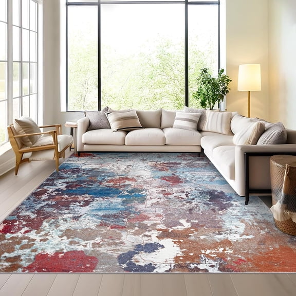 Modern Abstract Area Rug 9x12 Washable Low Pile Non-Slip Indoor Carpet, Soft Stain Resistant Large Floor Rug for Living Room Bedroom Dining Room Office,Multi-Color