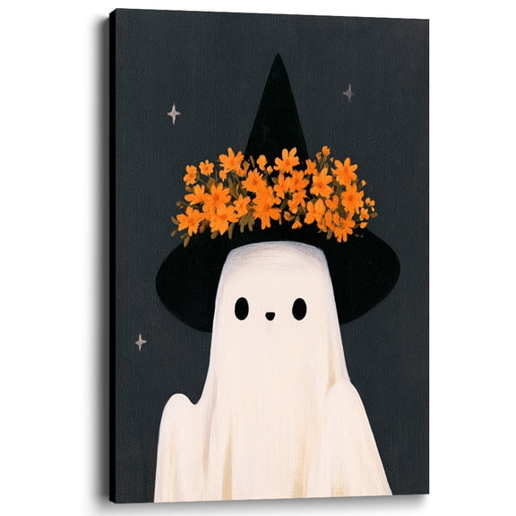 Wallume Store Cute Ghost Floral Witch Hat Halloween Canvas Wall Art Decor 12x8 Inch