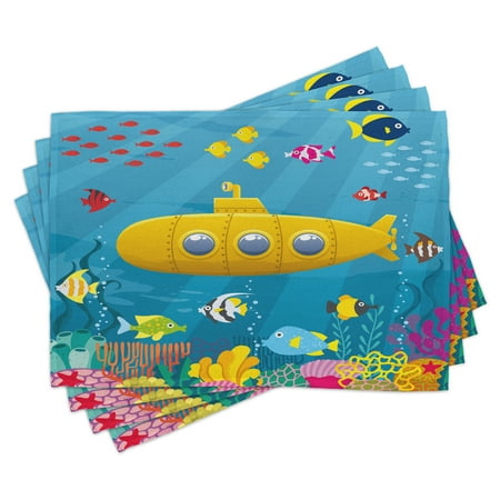 

Yellow Submarine Placemats Set of 4 Coral Reef with Colorful Fish Ocean Life Marine Creatures Tropic Kid Washable Fabric Place Mats for Dining Room Kitchen Table Decor Blue Yellow Pink by Ambesonne