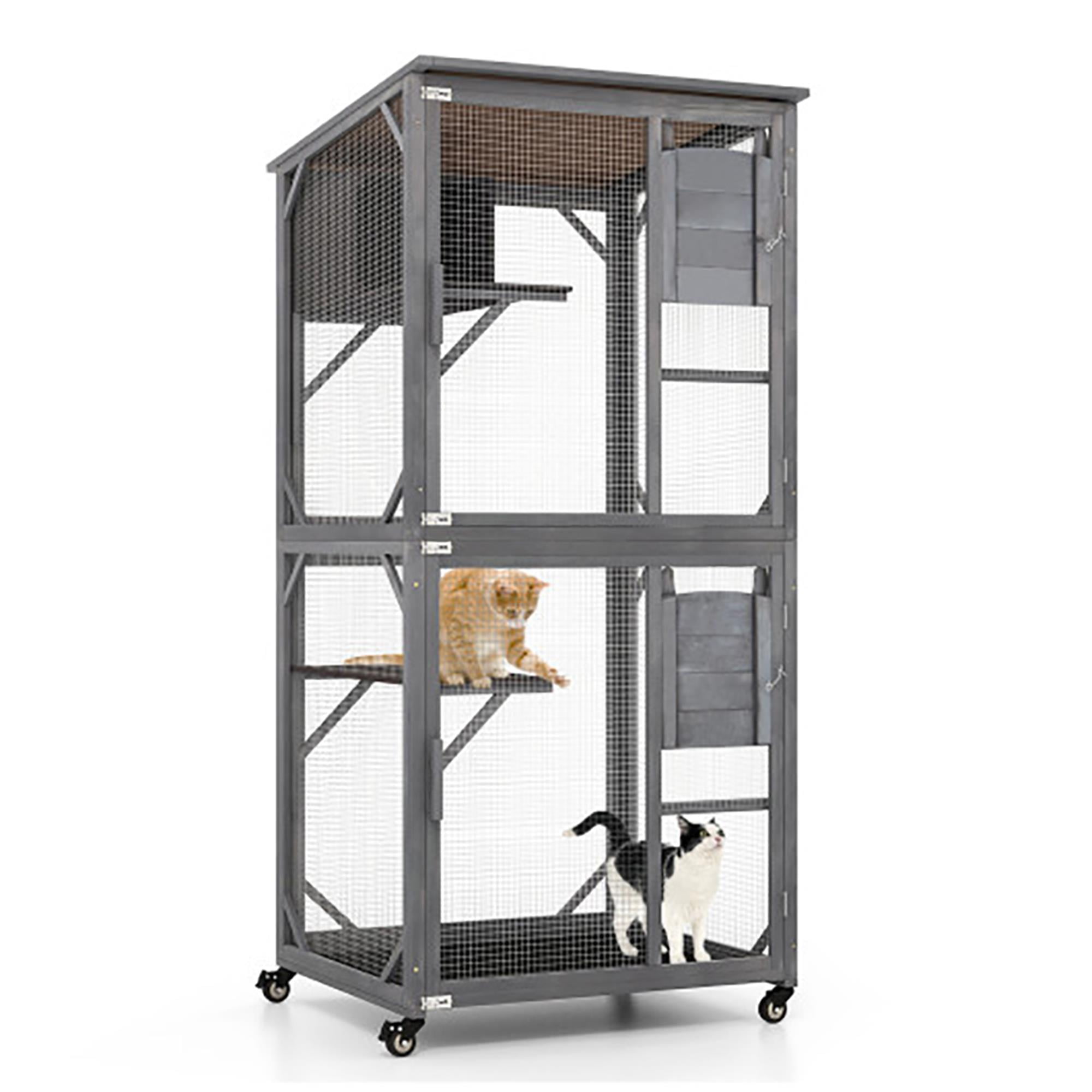Pefilos 72" Outdoor Cat House Catio Cat Enclosures on Wheels Kitty House with Resting Box,Waterproof Asphalt Roof, Gray