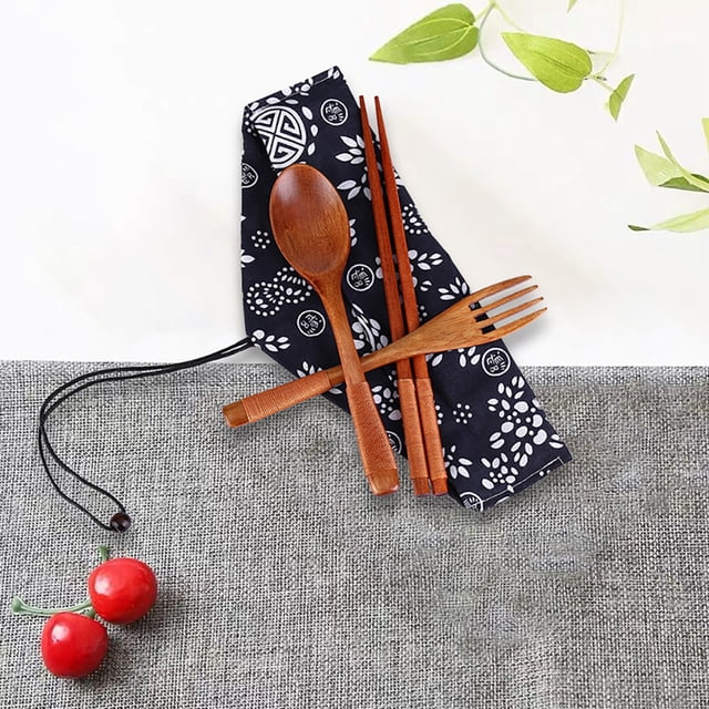 Juego de Cubiertos Japoneses de Madera, con Cuchara, Tenedor y Palillos Vintage, Diseño Ergonómico, Ligero y Portátil, Acabado de Madera Natural, Ideal para Viajes, Juego de 3 Piezas con Bol