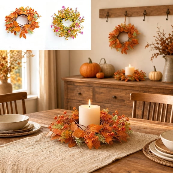 UALSRZL Candle Rings Wreaths, Mini Artificial Fall Candle Rings, Maple Leaves Berry Floral Candles Ring for Thanksgiving Home Table Decor, Orange