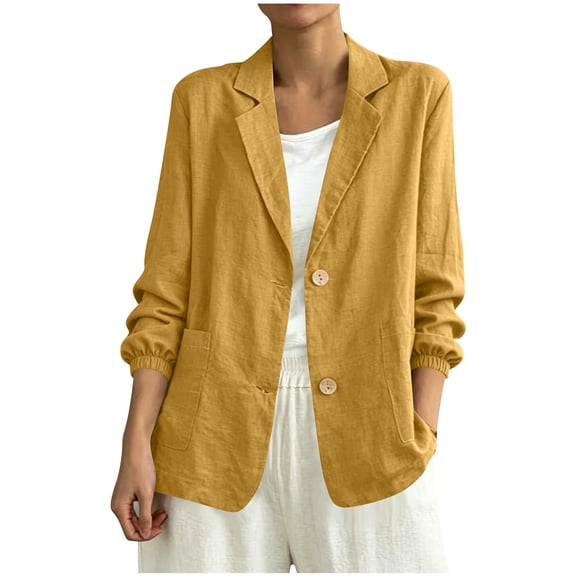 LIaqionyy Womens Summer Cotton Linen Blazer Jacket Lightweight Breathable Casual Work Office Jackets with Pocket