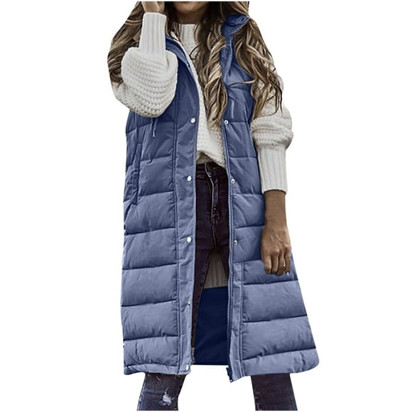 Women's Winter Hooded Long Down Vest Full-Zip Sleeveless Puffer Vest Fashionable Coats Jacket Outerwear with Pockets