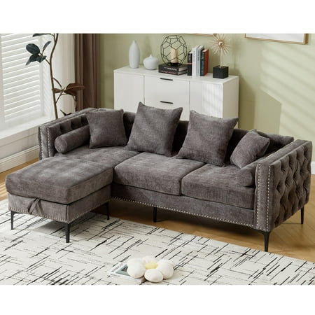 85" L Shaped Sectional Sofa with Storage Ottoman, Morden 3 Seater Tufted Couch with Nailhead Trim and Metal Legs for Living Room, Apartment, Office, Dark Gray