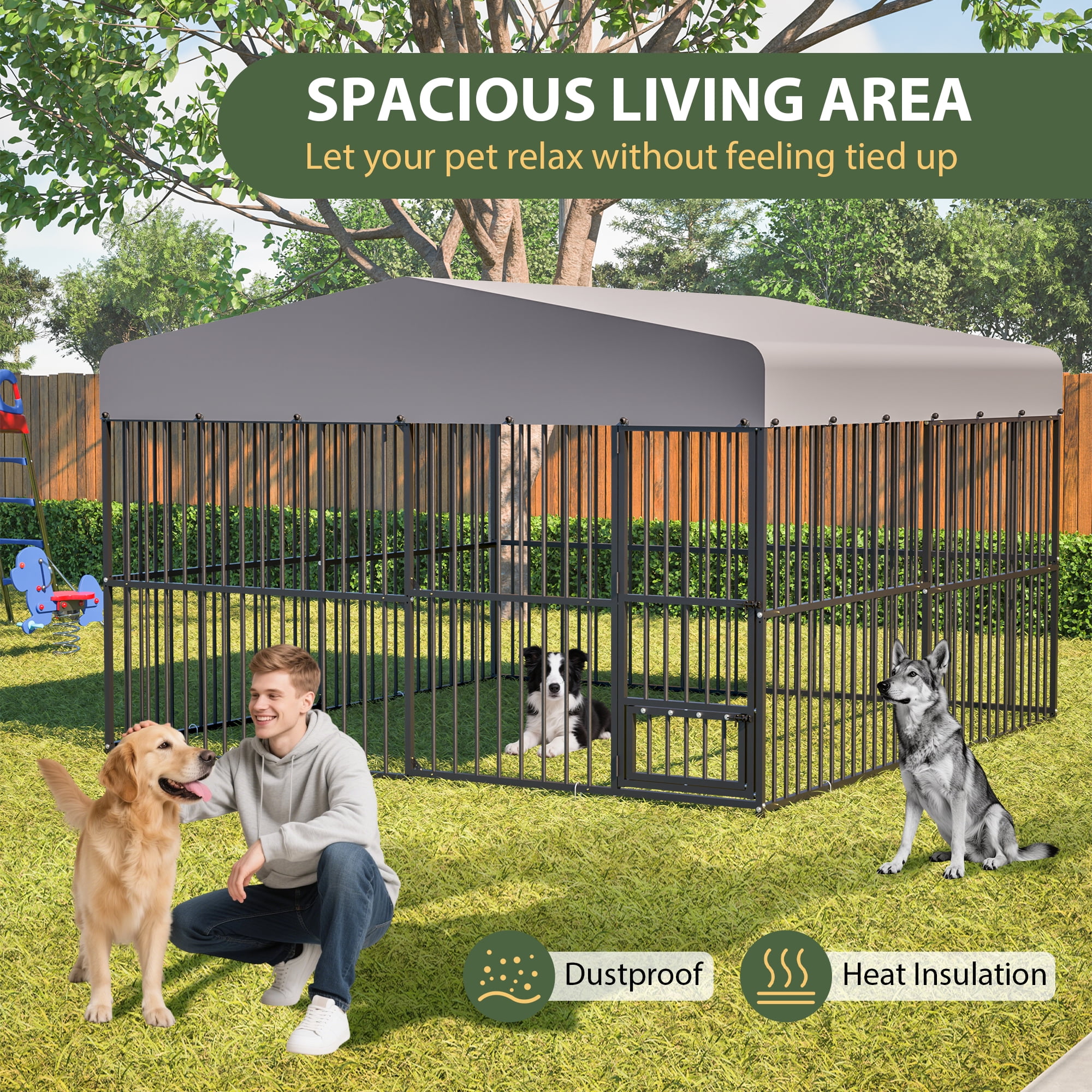 LZBEITEM Heavy Duty Outdoor Dog Kennel Playpen Large Cage Fence with Waterproof Roof Cover & Sturdy Galvanized Metal Frame
