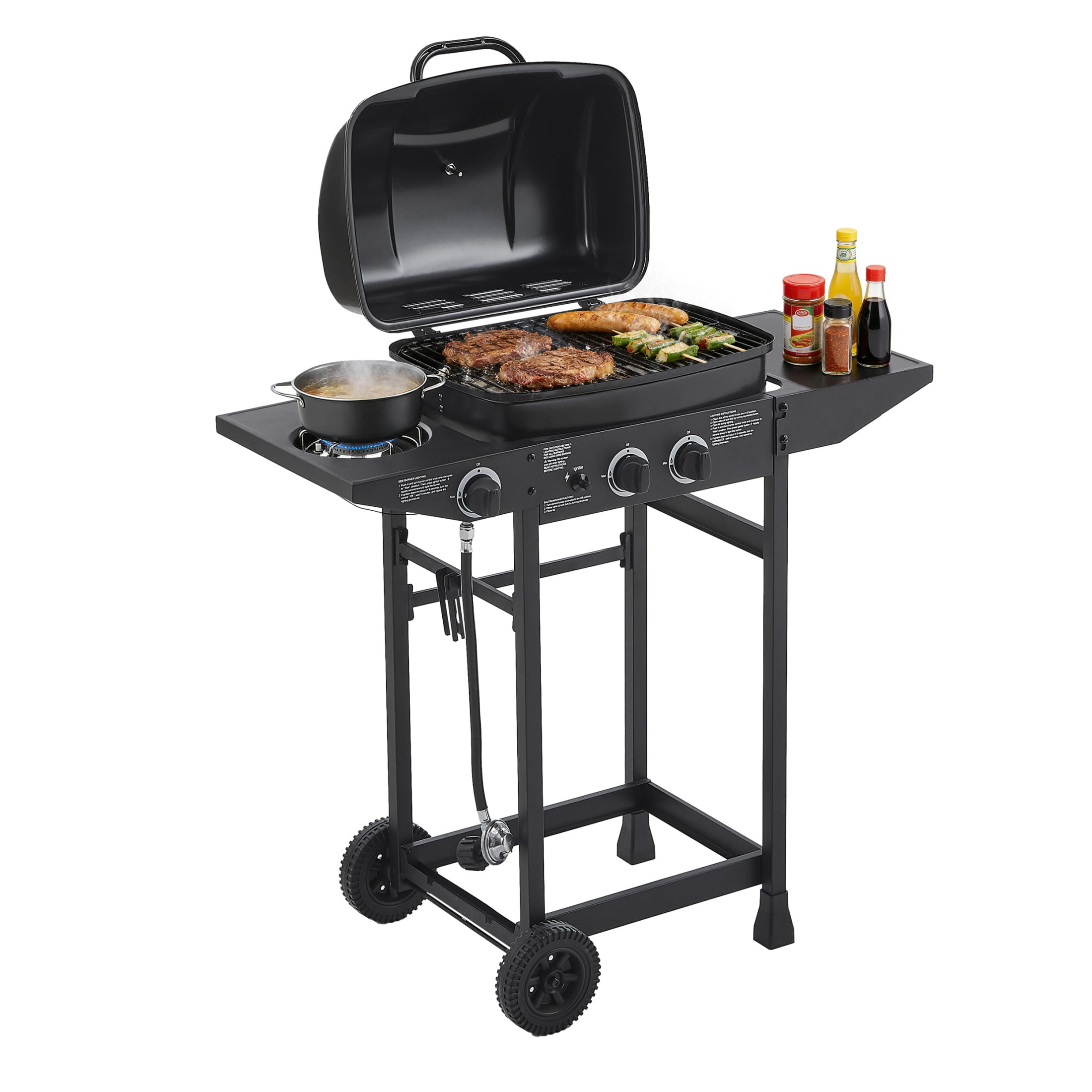 Noble House 2-Burner Propane Gas Grill with Side Burner, Steel BBQ Grill, Side Tables for Outdoor Cooking, Black