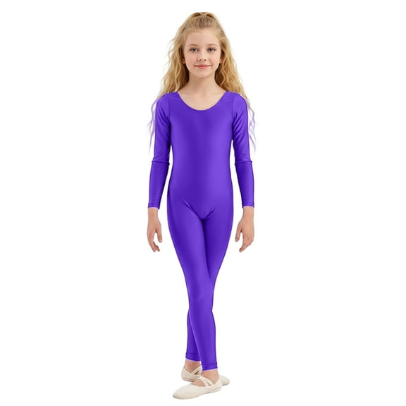 REDARER Girls' Stretchy Long Sleeve Bodysuit, Low Round Neck Full-Length Jumpsuit for Dance & Casual Playwear,10-12 Years
