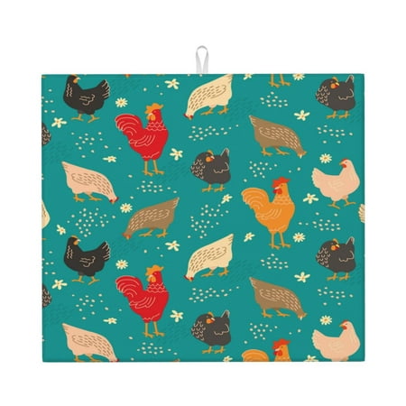 

Xecao Cute Hens And Rooster Print Dish Drying Mat for Kitchen Counter Absorbent Coffee Bar Mat Dish Drainer Rack Mats Dining Room Decoration