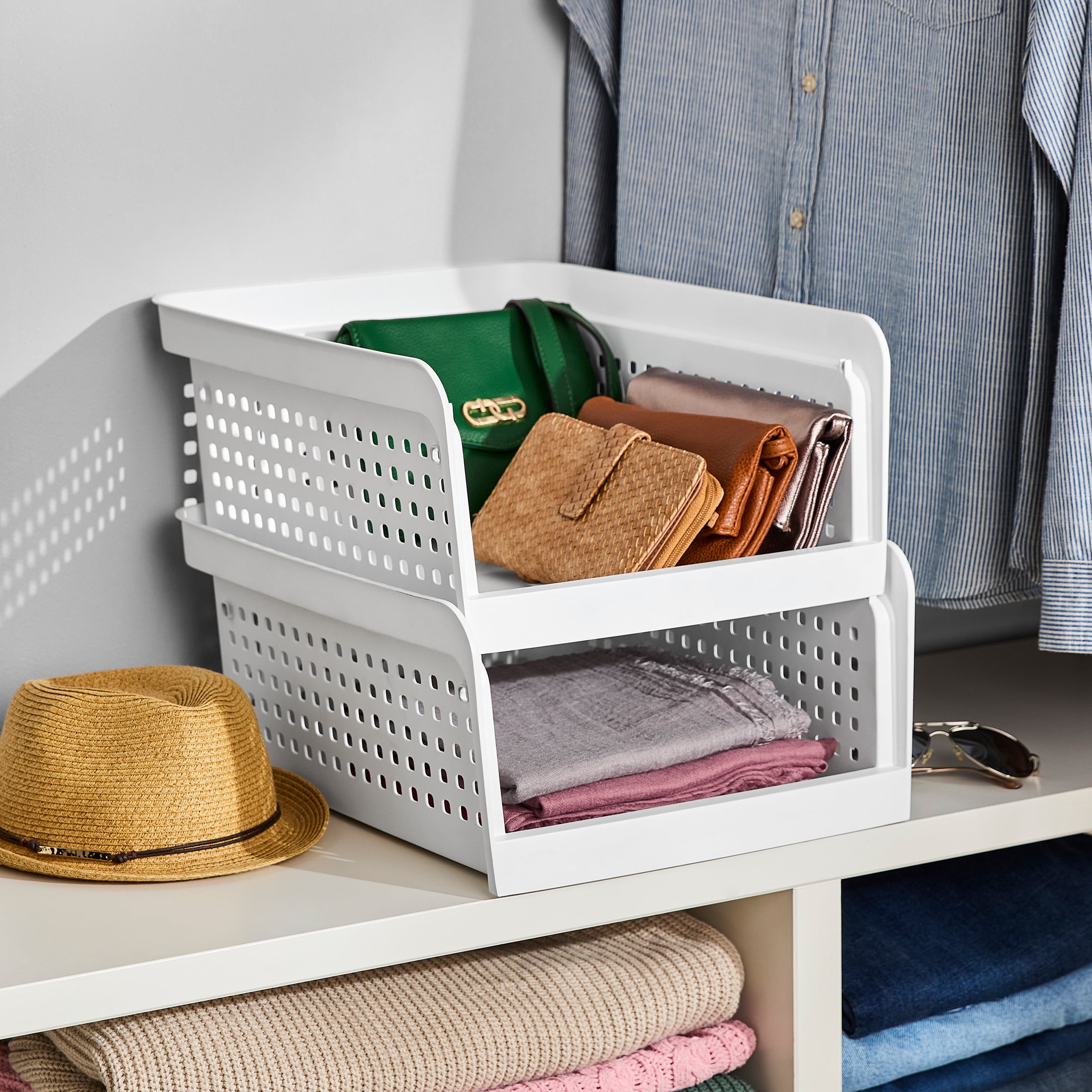 Mainstays Open-Front Stackable Closet Storage Organizer Bin with Breathable Holes, White Plastic