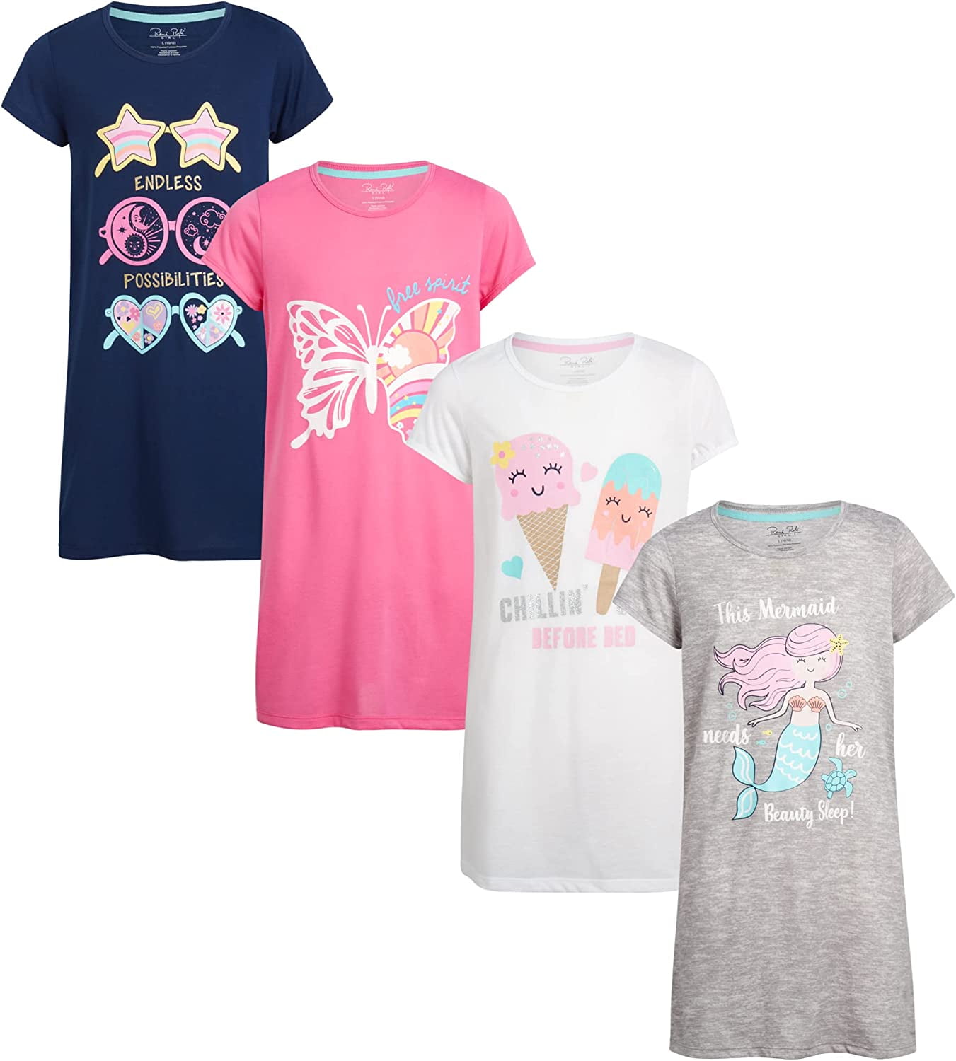 Rene Rofe Girls' Pajamas 4 Piece Short Sleeve Sleep Shirt Nightgown