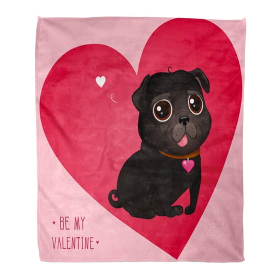 SIDONKU Flannel Throw Blanket Valentine Day Cute Black Pug Cartoon Dog Soft for Bed Sofa and Couch 50x60 Inches
