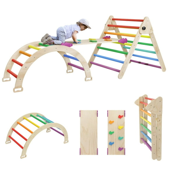 EDOSTORY 5 in 1 Pikler Triangle Set, Indoor Playground and Gym for Kids, Foldable Wooden Montessori Climbing Set Triangle Ladder Set with Slide and Climbing Ramp, Gift f