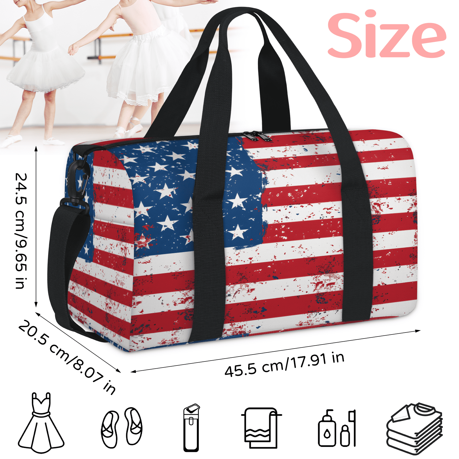Herdesigns USA Flag Travel Duffle Bag Sports Yoga Weekender Overnight Carry on Workout Bags Lightweight Waterproof Gym Tote Bag for Women Vintage USA 4th of July