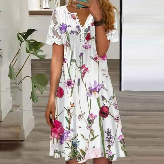 Pntutb Plus Size Dress for Curvy Fashion Women'S Casual Short Sleeve Patchwork V-Neck Ladies Button Printed Dress