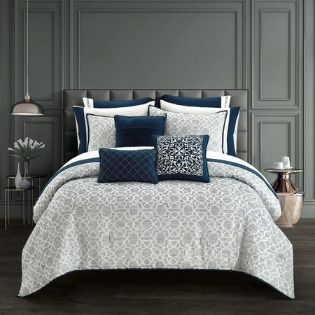 Better Homes & Gardens Navy Buckingham Jacquard 12 Piece Pre Washed Bed in a Bag, Queen
